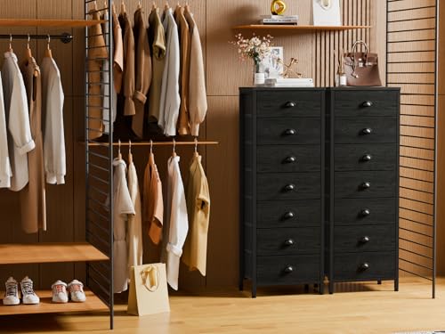 Black Bedroom Dresser, Tall Chests of Drawers with 7 Fabric Bins, view 3