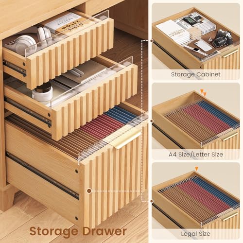 55.1" Fluted Office Desk with 6 Drawers, Modern Executive Desk with Acrylic File Drawers, Computer Desk with Power outlets for Home Office and Study, Natural