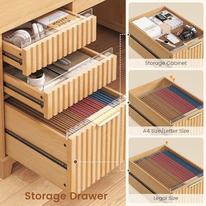55.1" Fluted Office Desk with 6 Drawers, Modern Executive Desk with Acrylic File Drawers, Computer Desk with Power outlets for Home Office and Study, Natural