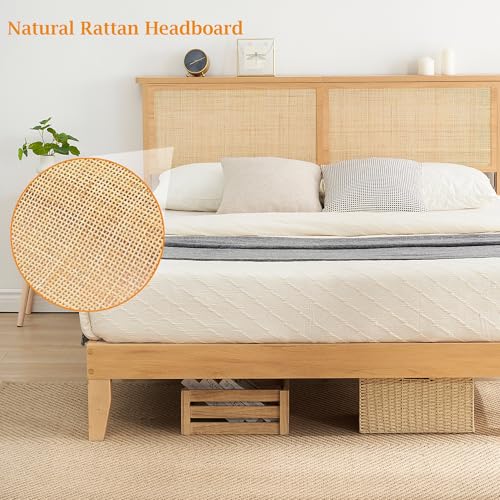 Bohemian Queen Rattan Bed LED Natural Headboard Bedroom, view 5