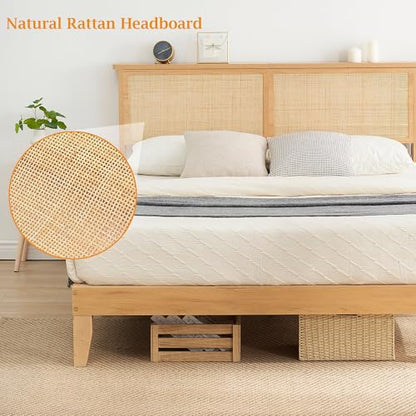 Bohemian Queen Rattan Bed LED Natural Headboard Bedroom, view 5