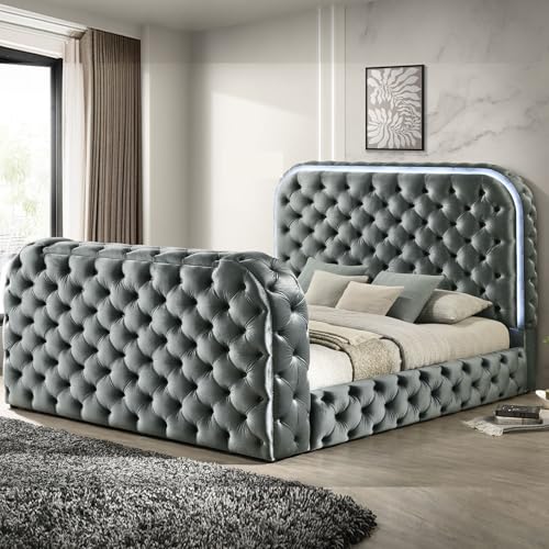 Wood Platform Bed with Tufted Headboard and Footboard in Gray, view 7