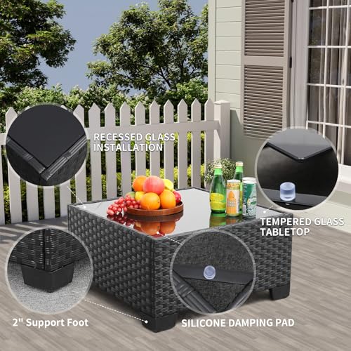10 Pieces Outdoor Sectional All-Weather Wicker Patio Furniture Set Patio Sectional and Steel Fire Table and Glass Patio Table Non-Slip Cushions and Waterproof Covers, Khaki