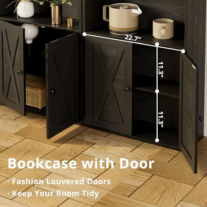 5-Tier Bookshelf, 11.8in Depth Bookcase with Doors Industrial Bookshelf with Storage,Floor Standing Display Storage Shelves for Home Office, Living Room, Industrial Black