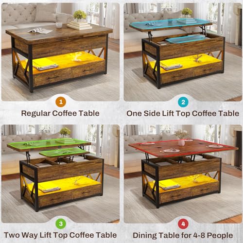 40" Lift Top Coffee Table, 4 in 1 Coffee Tables with Storage for Living Room, Small Farmhouse Coffee Table with 2 Drawers & LED Light for Dining Reception Room, Rustic Brown