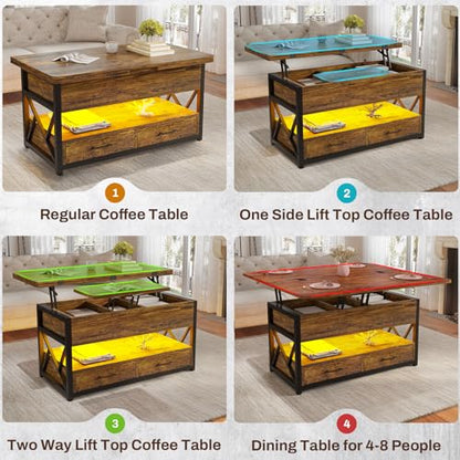 40" Lift Top Coffee Table, 4 in 1 Coffee Tables with Storage for Living Room, Small Farmhouse Coffee Table with 2 Drawers & LED Light for Dining Reception Room, Rustic Brown