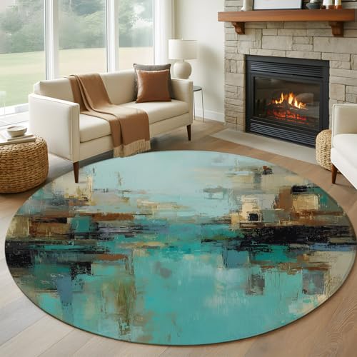 Round Area Rug 6 Ft, Modern Abstract Washable Non-Slip Circle Carpet for Living Room/Bedroom, Country Color Blocks Teal Brown Low-Profile Indoor Mats Collection Rugs for Residential