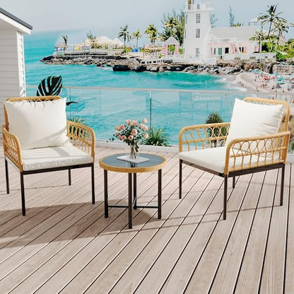 Wicker 3 Pieces Patio Bistro Sets Outdoor Conversation Sets with Glass Top Side Table and 2 Modern Rattan Chairs, Patio Furniture Set for Apartment, Backyard, Porch, Balcony, Lawn (Beige)