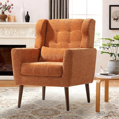 Modern Accent Chair, Upholstered Armchair with Pillow, Fabric Single Sofa Chair with Lounge Seat and Wood Legs Accent Chair for Living Room Bedroom Small Spaces (Orange, Set of 1)