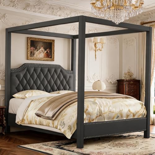 Upholstered Queen Size Bed Frame with Canopy Poles and Headboard, view 2