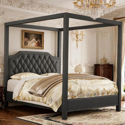 Upholstered Queen Size Bed Frame with Canopy Poles and Headboard, view 2
