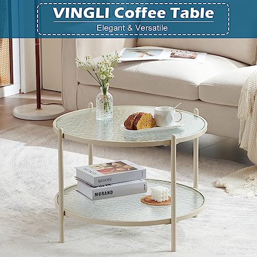 25.6" Small Cream White Round Coffee Table Water-Wave Glass Circle Clear Coffee Table, Center Table with 2-Tier Modern Storage Design for Living Room, Bedroom, Meeting Room, Balcony, Beige