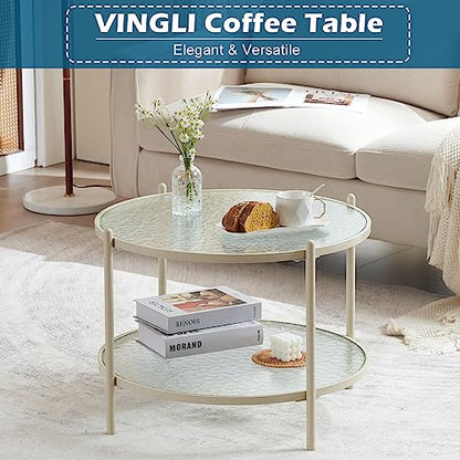 25.6" Small Cream White Round Coffee Table Water-Wave Glass Circle Clear Coffee Table, Center Table with 2-Tier Modern Storage Design for Living Room, Bedroom, Meeting Room, Balcony, Beige