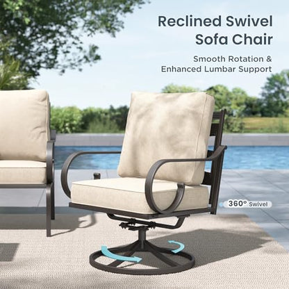Patio Furniture Set, 3-Seater Sofa, 4 Swivel Chairs and a Coffee Table, Outdoor Metal Conversation Set with 5.75" Extra Thick Cushion for Garden Backyard Deck, Beige