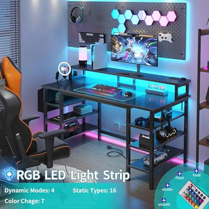 Gaming Desk with LED Lights and Storage Shelves, 47 inch Computer Desk with Power Outlets, Home Office Desk with Monitor Stand, Writing Table PC Desks, Black