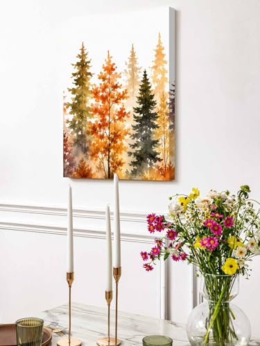 NuYeBiofx Nature Watercolor Autumn Forest Canvas Wall Art Prints,30"x20" Framed Picture Artwork Rustic Fall Pine Trees Scene Printed Canvas Oil Painting for Living Room Bedroom Office,Ready to Hang