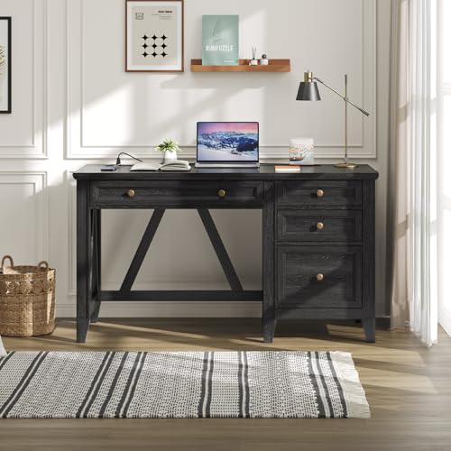 54 Inch Farmhouse Executive Desk, Computer Desk with Drawers, Home Office Desk with Charging Station, for Working Studying Writing, Black