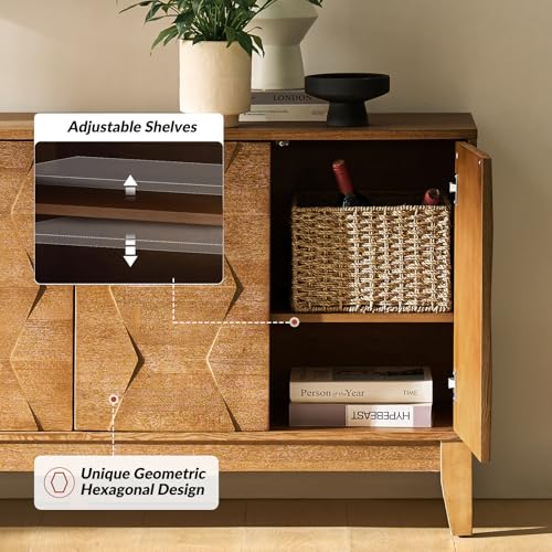 Mid Century Sideboard Buffet Cabinet with Solid Wood Legs, 60" Kitchen Storage Cabinet Credenza with 4 Doors and 2 Shelves, Accent Console Table (Seadrift)
