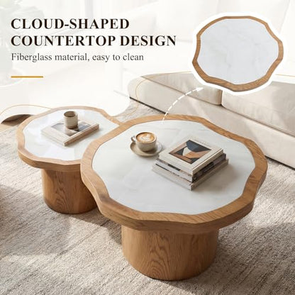 Nesting Coffee Table Set of 2, Modern Coffee Table and End Table Set, Fiberglass Top Wood Grain Accent Table for Living Room Bedroom, Natural Color
