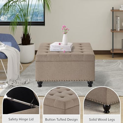 Oversized Square Ottoman Storage Bench for Living Room Bedroom Large Ottoman Coffee Table with Rubber Wood Legs, Linen Fabric Upholstered Foot Stool Foot Rest for Couch Sofa, Light Brown