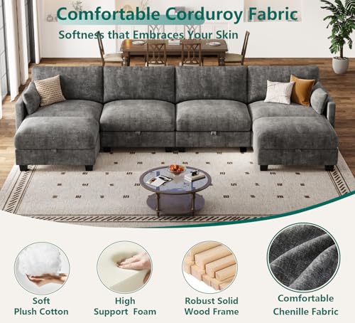 Modular Sectional U Shaped Sofa Couches for Living Room, Cloud Couch with Storage Ottoman, Comfy Chenille Sofa with Pillow, Dark Gray