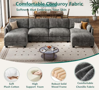 Modular Sectional U Shaped Sofa Couches for Living Room, Cloud Couch with Storage Ottoman, Comfy Chenille Sofa with Pillow, Dark Gray
