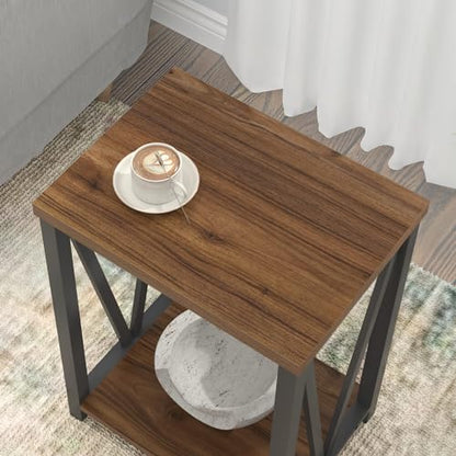 Small End Table, Rustic Wood and Metal Side Table with Storage, Modern Night Stand for Living Room Bedroom Office, Walnut