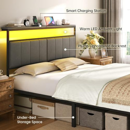 Grey Upholstered Queen Bed Frame with Drawers, view 4