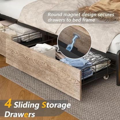 King Size Bed Frame and Bookcase Headboard & Storage Drawers, LED, view 8