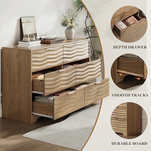 55" Wide Coastline Fluted 6 Drawers Dresser for Bedroom,Walnut, view 4