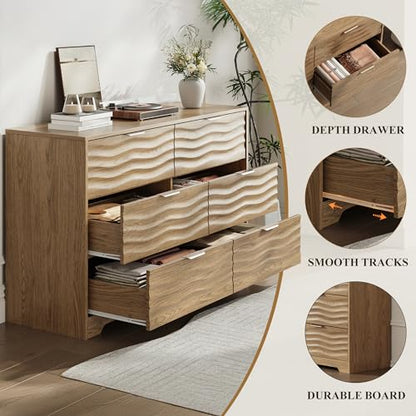55" Wide Coastline Fluted 6 Drawers Dresser for Bedroom,Walnut, view 4