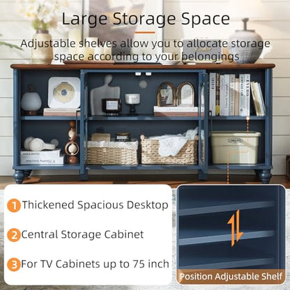 Farmhouse TV Stand for 60 Inch TV, Wood Entertainment Center with Adjustable Shelves & Glass Door Storage Cabinet,Television Stands for 65" TVS,TV Console Table for Living Room,Bedroom,Navy Blue