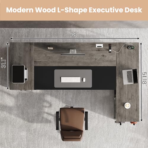 78" Executive Desk with Lockable File Cabinet, L Shaped Office Desk with Power Outlets, Large Executive Desk with Drawers and Storage Shelves, Reversible Computer Desk with Privacy Screen, Grey