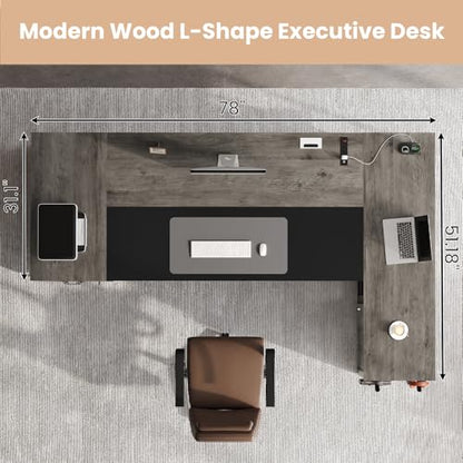 78" Executive Desk with Lockable File Cabinet, L Shaped Office Desk with Power Outlets, Large Executive Desk with Drawers and Storage Shelves, Reversible Computer Desk with Privacy Screen, Grey