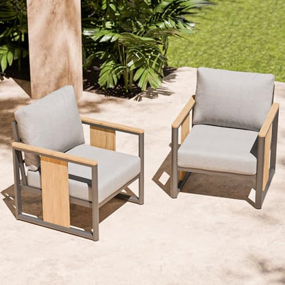 Aluminum Outdoor Patio Furniture Set – 2 Pcs Armchair with Washable Thick Cushions,All-Weather Modern Metal Furniture for Garden,Backyard,Porch,Grey