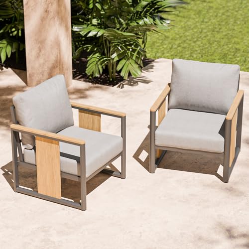 Aluminum Outdoor Patio Furniture Set – 2 Pcs Armchair with Washable Thick Cushions,All-Weather Modern Metal Furniture for Garden,Backyard,Porch,Grey