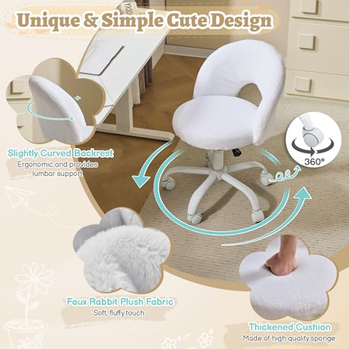 Small Vanity Chair with Faux Fur Wheels for Girls,Cute Adjustable Height Armless Office Desk Chair,360°Swivel Comfy Rolling for Study,Make up Room,Small Space,White