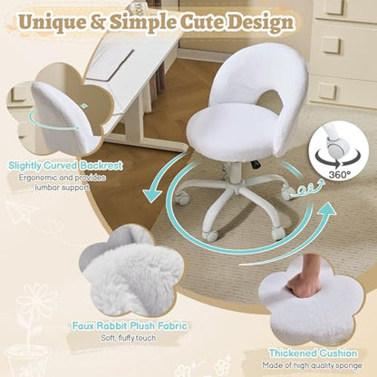 Small Vanity Chair with Faux Fur Wheels for Girls,Cute Adjustable Height Armless Office Desk Chair,360°Swivel Comfy Rolling for Study,Make up Room,Small Space,White