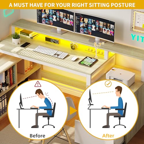 L Shaped Desk with Drawers, 65" Computer Desk with Power Outlets & LED Lights, Corner Home Office Desk with Storage Shelves & Printer Stand, White & Oak
