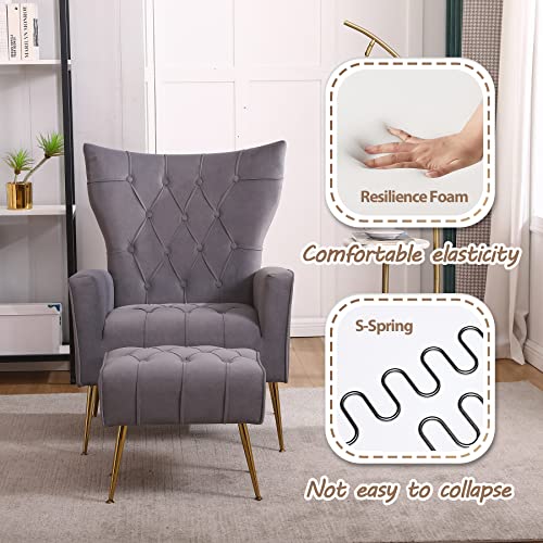 Accent Chair with Ottoman, Comfy Wingback Chair and Ottoman Set, Upholstered Tufted Lounge Armchair with Footrest and High Back, Reading Chair for Bedroom Living Room, Grey, Velvet