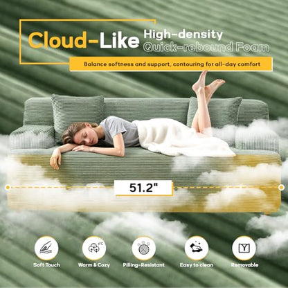 72" W Boneless Loveseat Sofa, Cloud Corduroy Couch in a Box, Compressed Deep Seat Sofa with 10.6" Wide Curved Armrests, Easy Assembly Required for Living Room, Apartments & Office, Green