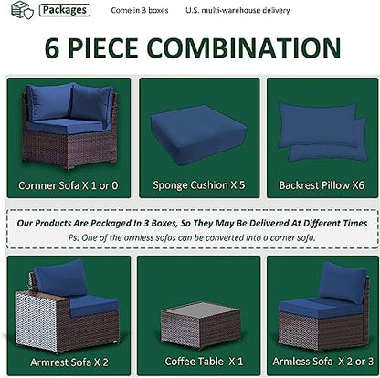 6 PCS Outdoor Patio Furniture Set,Outdoor Sectional Furniture All Weather PE Rattan Wicker Patio Conversation Set with Coffee Table and 5 Thickened Cushions,Navy Blue