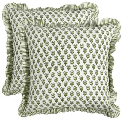 CPC Block Print Ruffle Throw Cover Emerald Green 18"x18" Inch Pack of 2-100% Cotton Ruffle Couch Decorative Boho Pillows Case for Living Room, Bedroom, Sofa, Farmhouse Gift for Spring, Mother's Day
