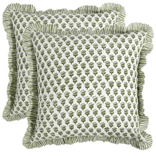 CPC Block Print Ruffle Throw Cover Emerald Green 18"x18" Inch Pack of 2-100%, view 2