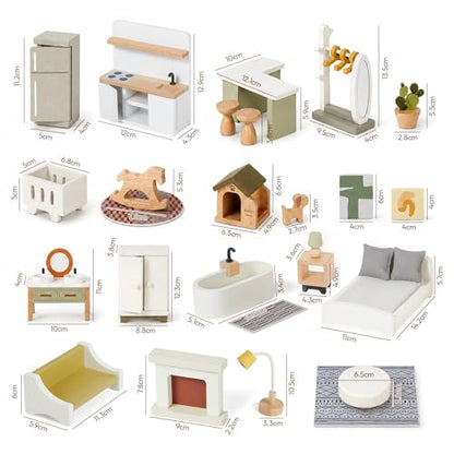 33 PCS Wooden Dollhouse Furniture Set, Modern Doll House Accessories with Bedroom, Kitchen, Bathroom, Nursery & Living Room, Montessori Pretend Play Toys for Kids Girls Boys Age 3+