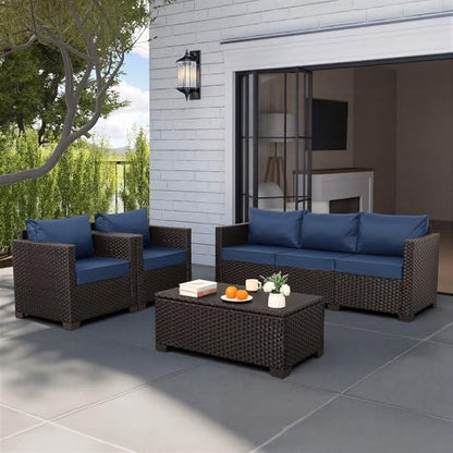 4 Piece Patio Furniture Set 45In Fire Pit Table Outdoor Furniture Sets Patio Couch Outdoor Chairs 50000 BTU Propane Fire Pit with No-Slip Cushions and Waterproof Covers, Navy Blue