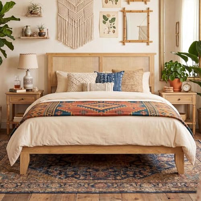 GAOMON Full Size Wood Bed Frame with LED Light and Rattan Headboard, view 2