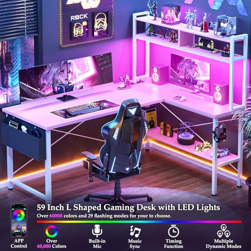 L Shaped Desk Gaming Desk, 59" L Shaped Computer Desk with LED Light & Power Outlet, Reversible Home Office Desk Gamer Desks with Shelves & Storage Bag & Hooks, Corner PC Desk, Pink