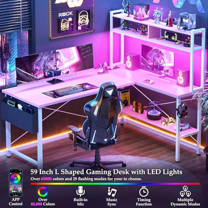L Shaped Desk Gaming Desk, 59" L Shaped Computer Desk with LED Light & Power Outlet, Reversible Home Office Desk Gamer Desks with Shelves & Storage Bag & Hooks, Corner PC Desk, Pink