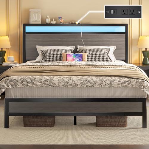 Queen Bed Frame with Headboard, Fast-Charging & LED, Storage Shelf, view 2